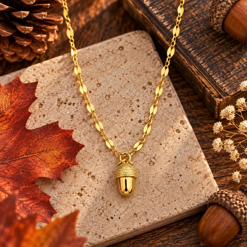 Gold Acorn Necklace Tiny Woodland Nature Pendant Fall Jewelry 18"